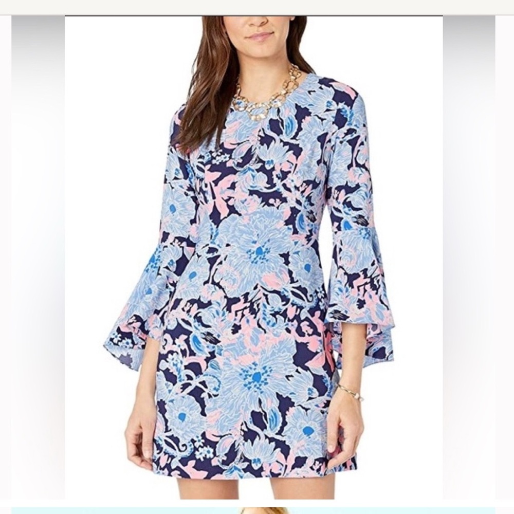 Lilly Pulitzer Kayla Stretch Blue and Pink Bell Sleeve Dress Size 14